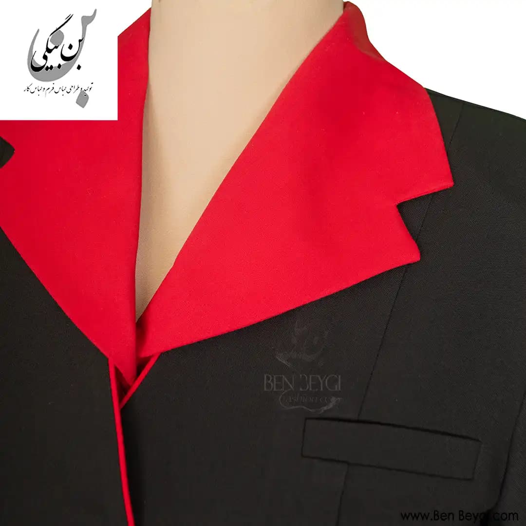 مانتو شلوار اداری مشکی خرج کار قرمز یقه انگلیسی پارچه بزیاق کد 35061 — تصویر ۶
