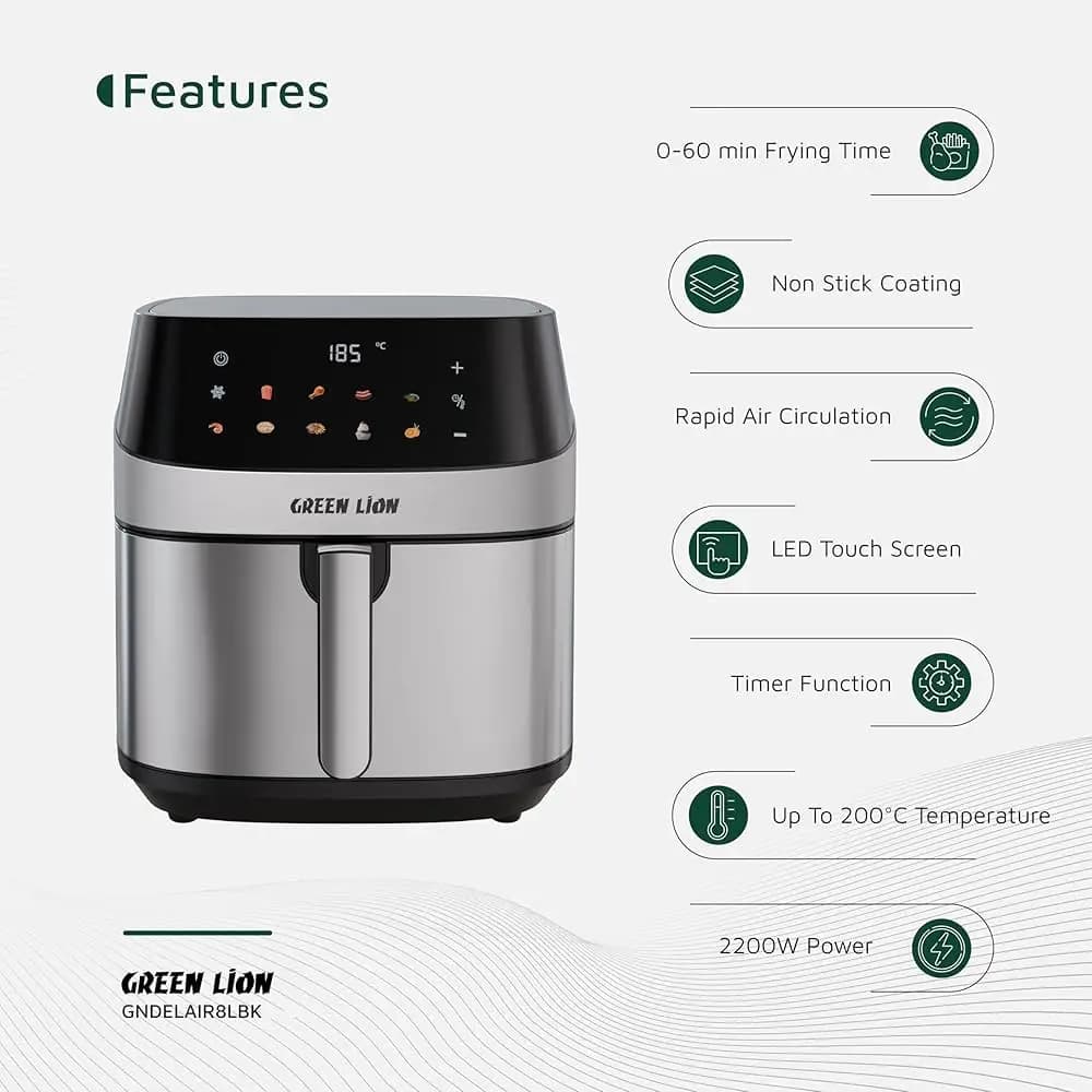 سرخ کن بدون روغن(هواپز) 8 لیتری گرین لاین مدل Green Lion Deluxe Air Fryer LED Touch Screen 8L — تصویر ۳