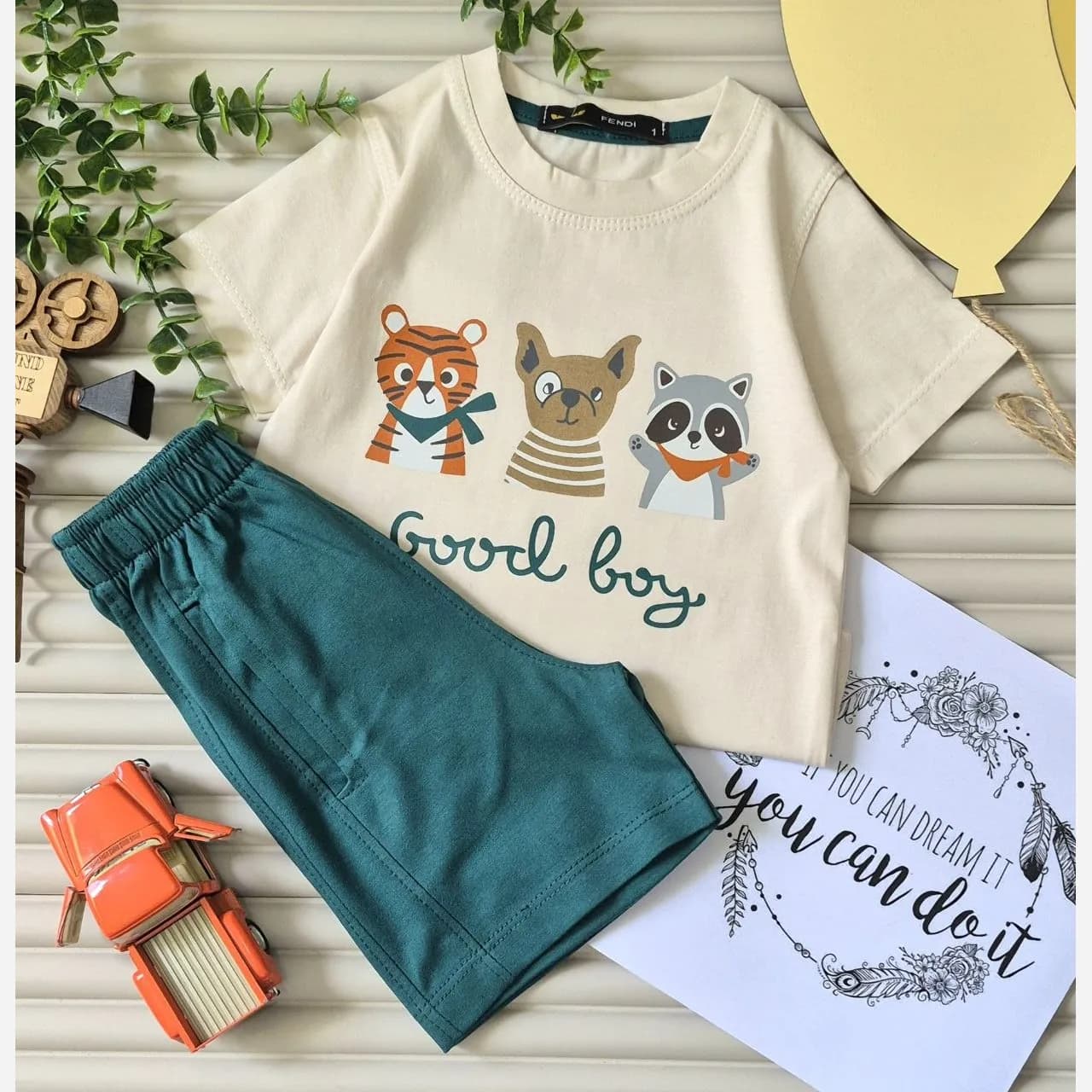 ست تیشرت و شلوارک راحتی بچگانه طرح حیوانات Good Boy نخ پنبه اعلا سایز 40 تا 50 — تصویر ۷