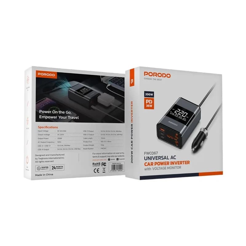 اینورتر برق خودرو پرودو Porodo 200W Car Inverter Universal Plug PDFWCH067GY — تصویر ۴