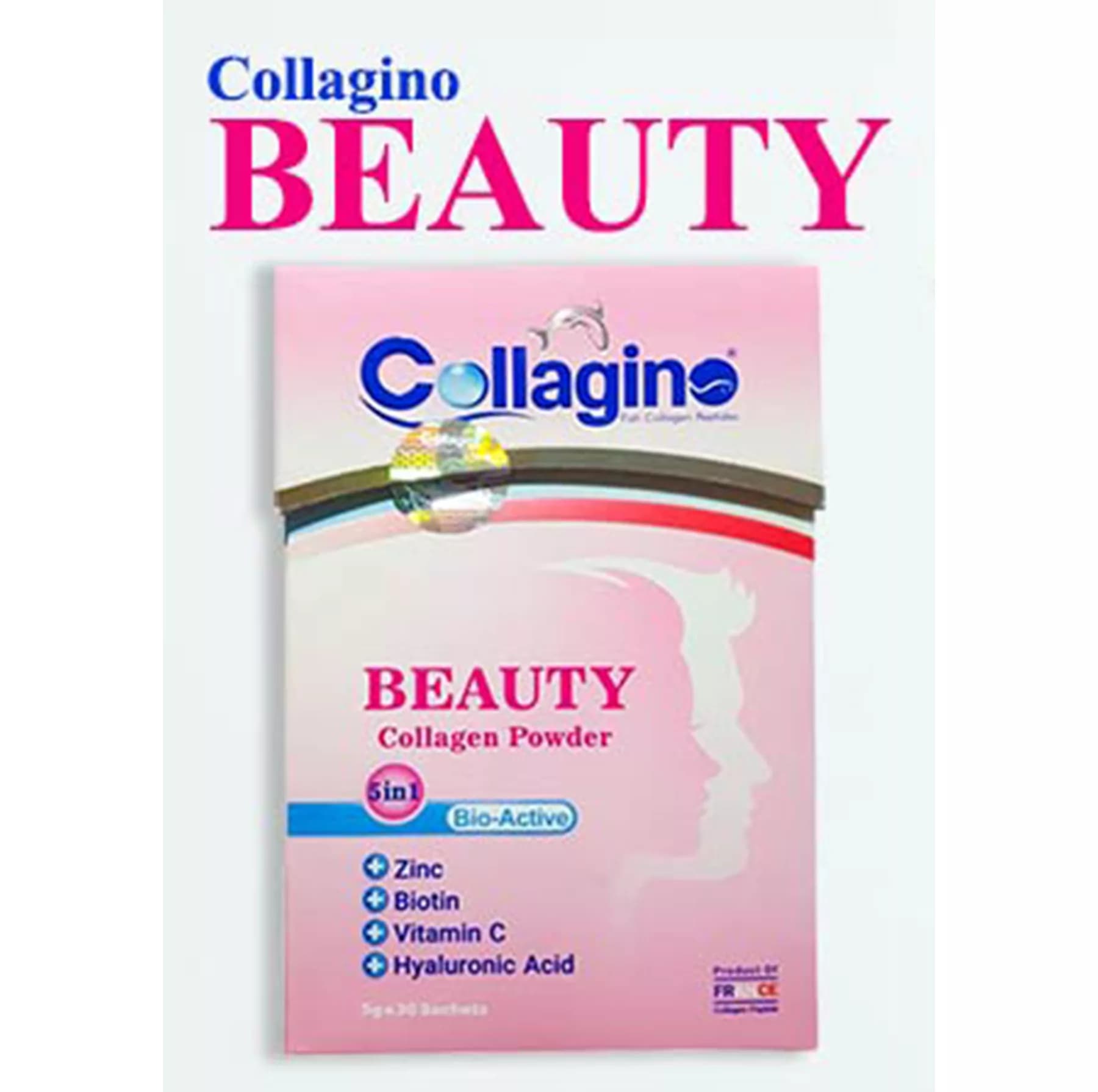 پودر کلاژن تقویتکننده پوست، مو و ناخن کلاژینو بیوتی مدل Beauty حاوی کلاژن پپتاید ماهی، ویتامین سی، زینک، بیوتین و هیالورونیک اسید، مکمل 5 در 1 ضدپیری و آنتیاکسیدان ساخت فرانسه، بسته 30 عددی — تصویر ۴