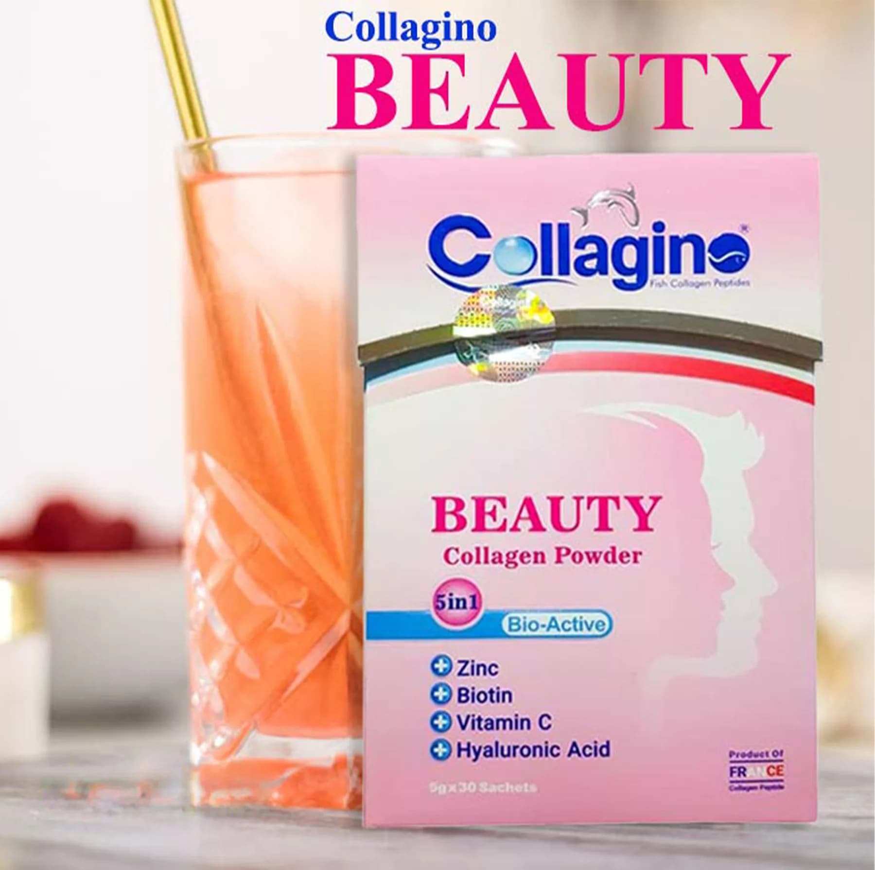 پودر کلاژن تقویتکننده پوست، مو و ناخن کلاژینو بیوتی مدل Beauty حاوی کلاژن پپتاید ماهی، ویتامین سی، زینک، بیوتین و هیالورونیک اسید، مکمل 5 در 1 ضدپیری و آنتیاکسیدان ساخت فرانسه، بسته 30 عددی — تصویر ۶