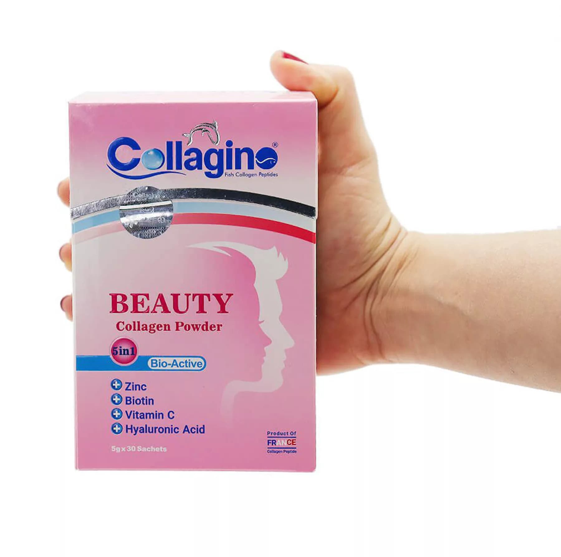 پودر کلاژن تقویتکننده پوست، مو و ناخن کلاژینو بیوتی مدل Beauty حاوی کلاژن پپتاید ماهی، ویتامین سی، زینک، بیوتین و هیالورونیک اسید، مکمل 5 در 1 ضدپیری و آنتیاکسیدان ساخت فرانسه، بسته 30 عددی — تصویر ۹