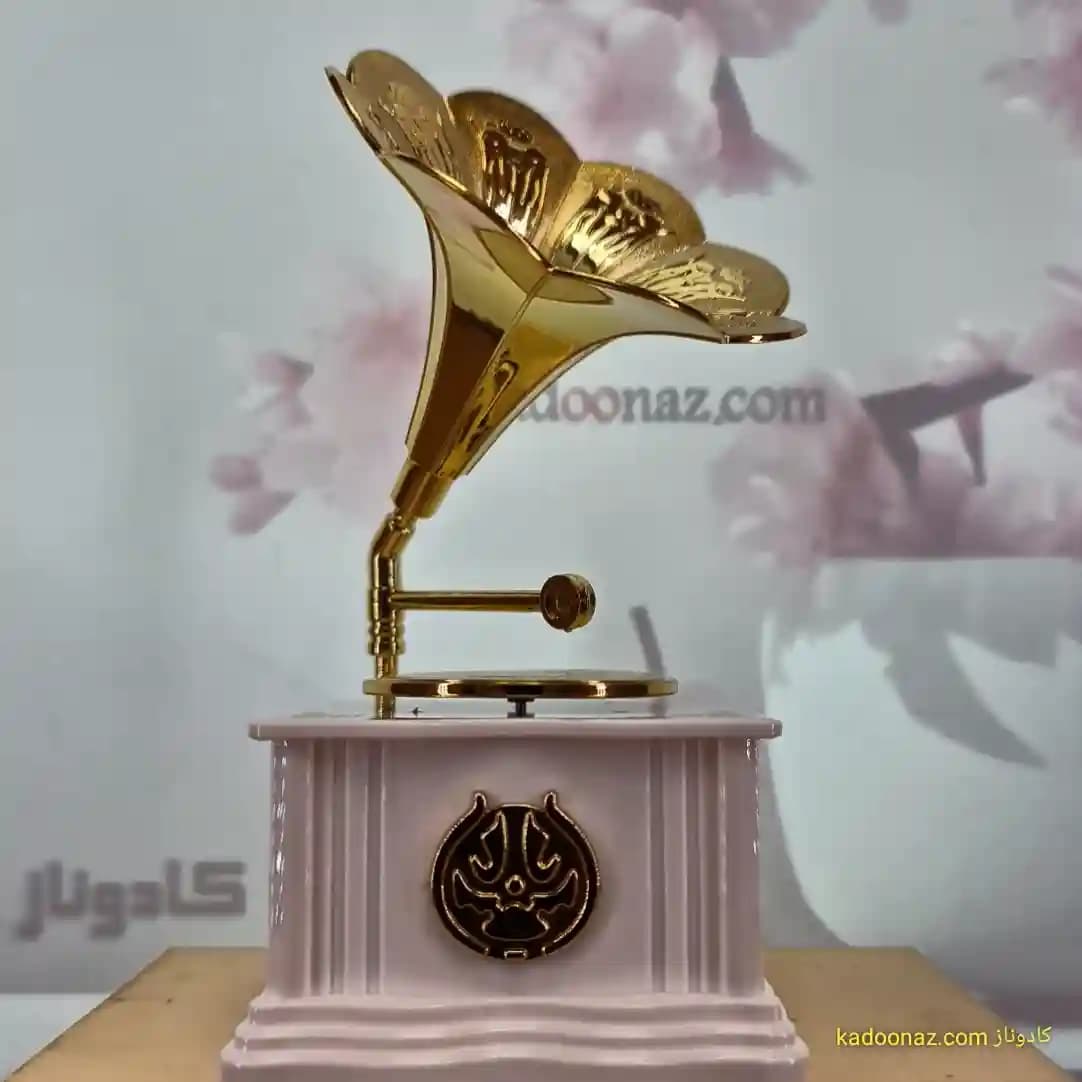 دکوری – جعبه موسیقی و موزیکال باکس گرامافون قدیمی متحرک سفید طلائی