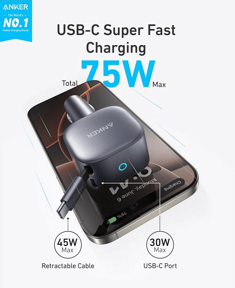 شارژر فندکی فست دو پورت ANKER مدل A2738HA2 75W گارانتی شرکتی — تصویر ۳