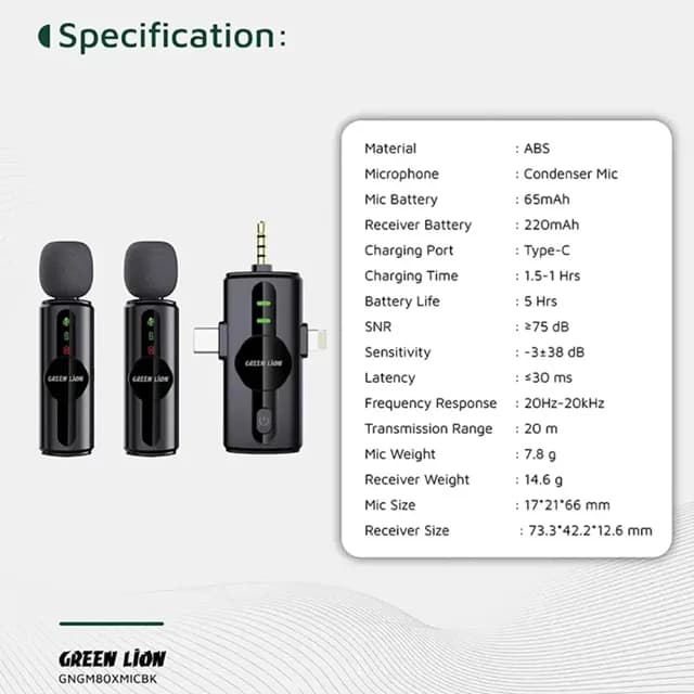 میکروفن بی سیم گرین لاین مدل GM-80X دو کاربره با درگاه اتصال لایتنینگ و تایپ سی — تصویر ۳