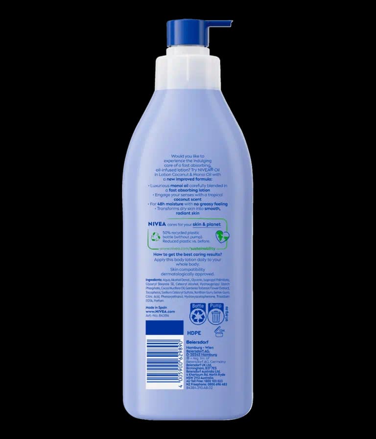 لوسیون بدن نیوا، مدل Coconut آبرسان و درخشان کننده حاوی عصاره نارگیل مناسب انواع پوست، حجم 400ML — تصویر ۳