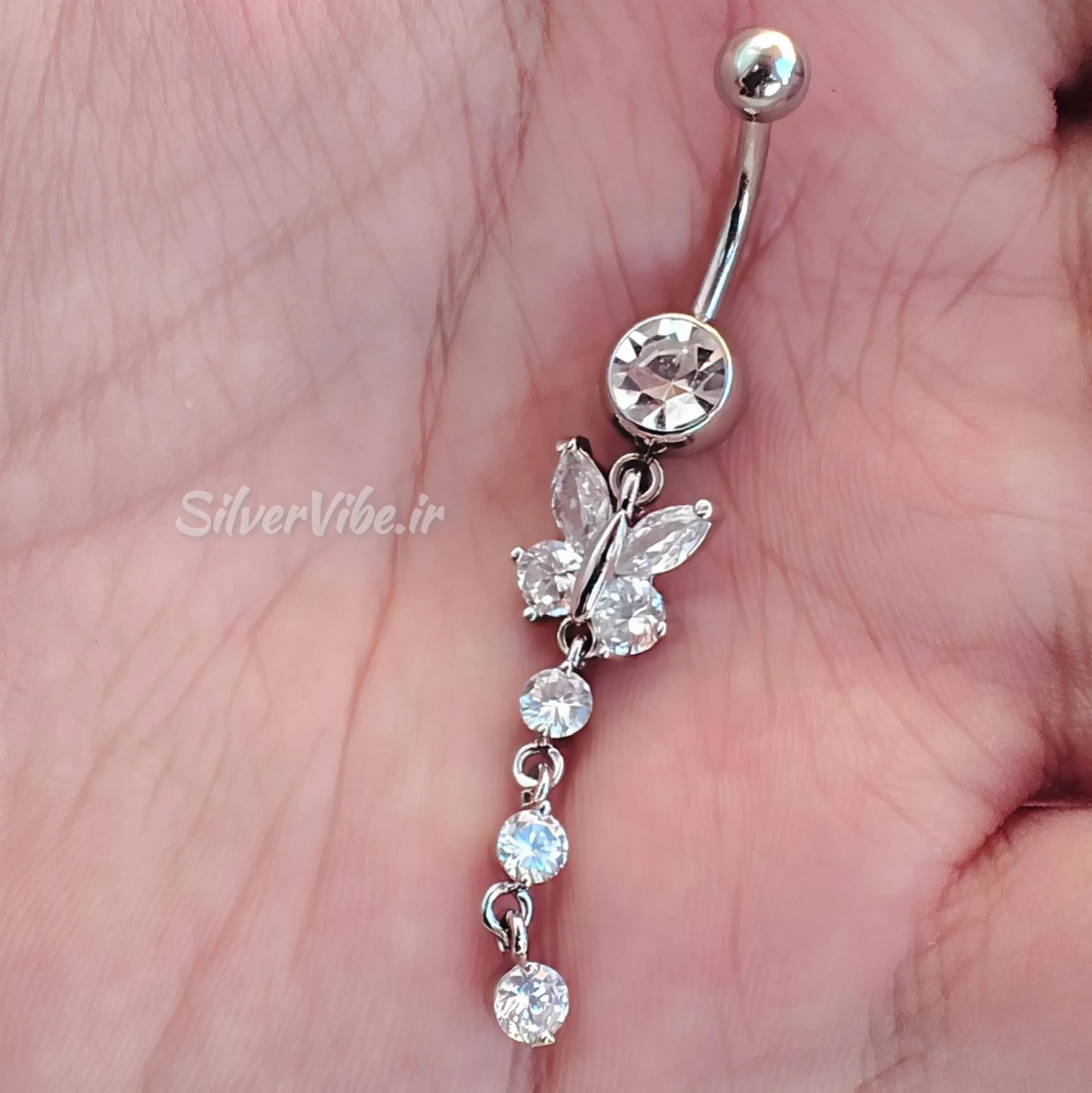 پیرسینگ ناف استیل | آویز پروانه و دنباله نگین دار | برند Accessories