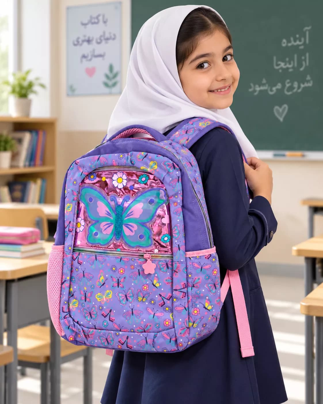 کیف مدرسه دخترانه بنفش مدل پروانه — تصویر ۲