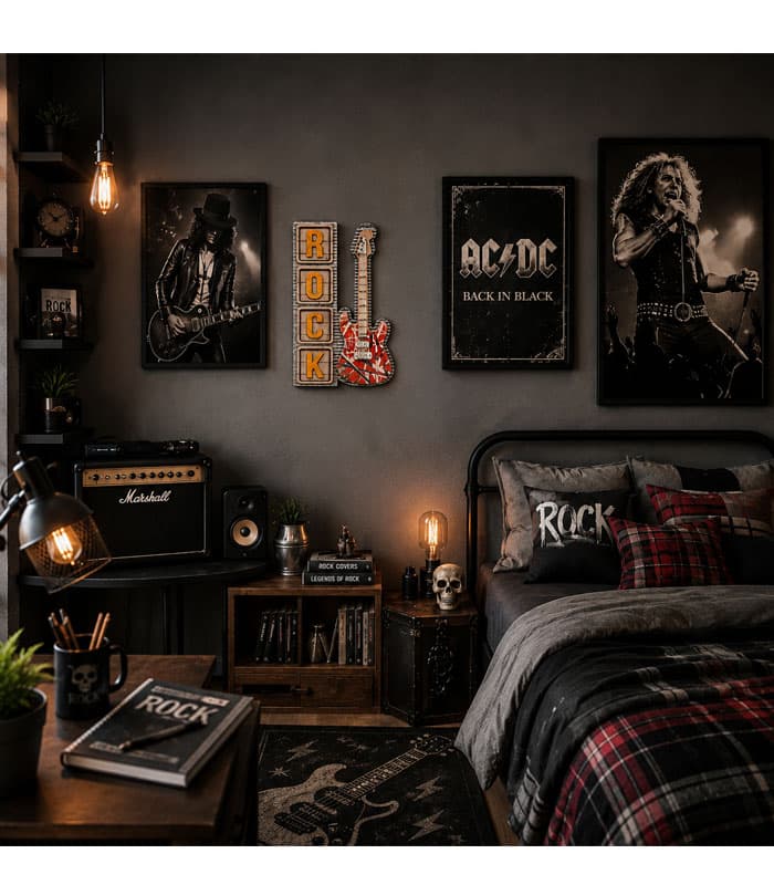 تابلو دکوراتیو فلزی طرح Rock با گیتار سبک رترو وینتیج | ترکیب چوب و فلز دستساز — تصویر ۴