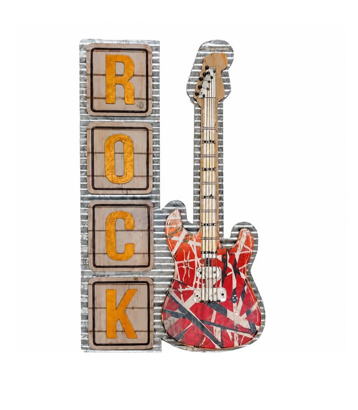 تابلو دکوراتیو فلزی طرح Rock با گیتار سبک رترو وینتیج | ترکیب چوب و فلز دستساز