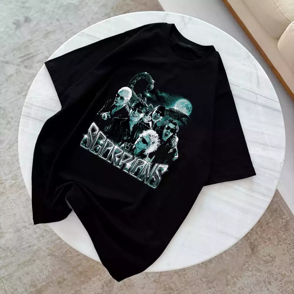 تیشرت نخ پنبه طرح گروه اسکورپینز Scorpions تم نئونی — تصویر ۲