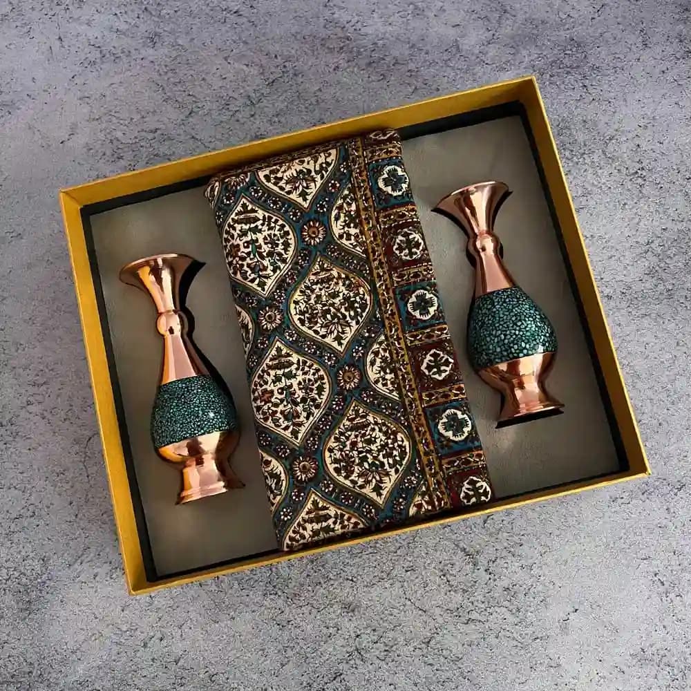 پک جفت گلدان فیروزه کوبی و رومیزی قلمکار