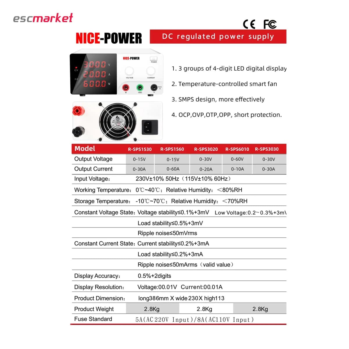 منبع تغذیه 30 ولت 20 آمپر سویچینگ NICE POWER مدل R-SPS3020 — تصویر ۳