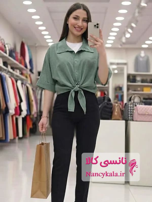 شومیز زنانه جلوگره ای زیتونی دودی تن خور شیک سایز 36 تا 46 — تصویر ۲