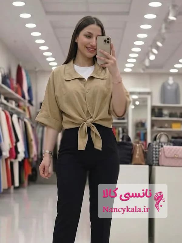 شومیز زنانه جلوگره ای کاهی رنگ تن خور شیک سایز 36 تا 46
