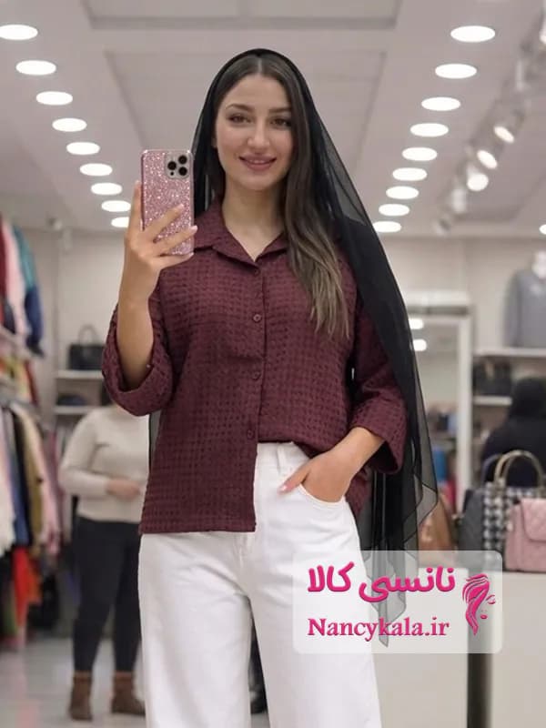 شومیز حصیری زنانه زرشکی جنس و تن خور عالی فری سایز 36 تا 46 — تصویر ۲