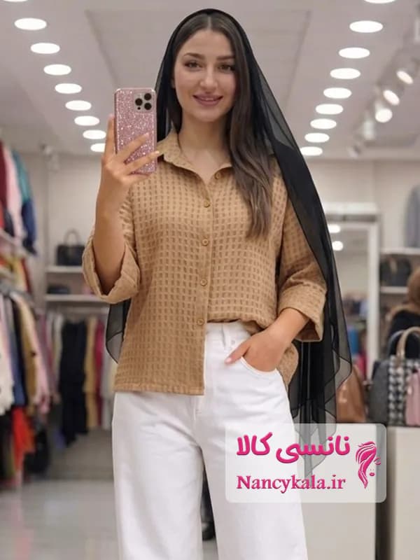 شومیز حصیری زنانه کرم بیسکوئیتی جنس و تن خور عالی فری سایز 36 تا 46