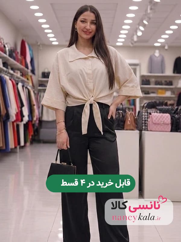 شومیز زنانه راه راه جلوگره ای زمینه زرد فری سایز 36 تا 46