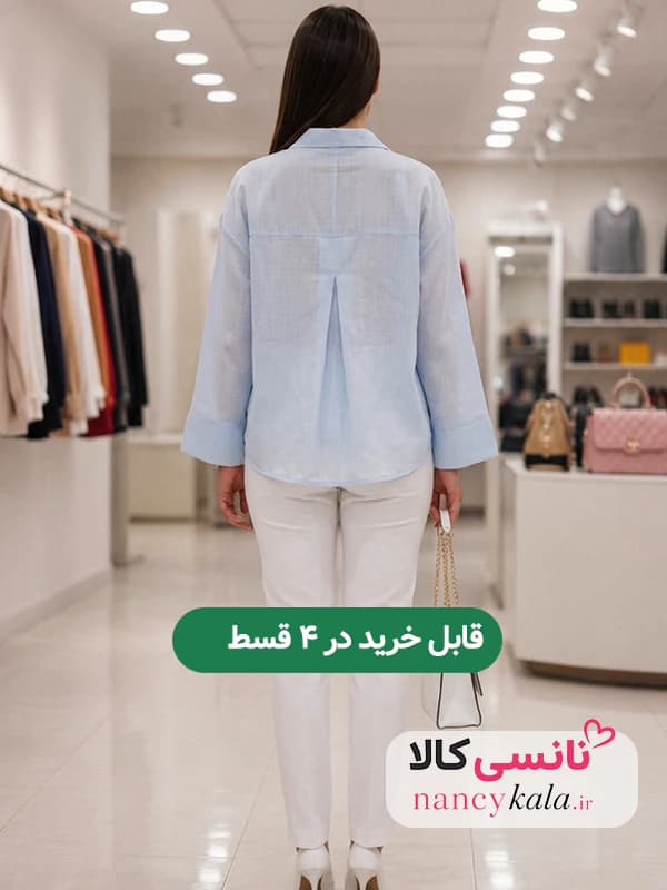 شومیز زنانه شیشه ای ملایم آستین بلند رنگ آبی فری سایز 36 تا 48 — تصویر ۲