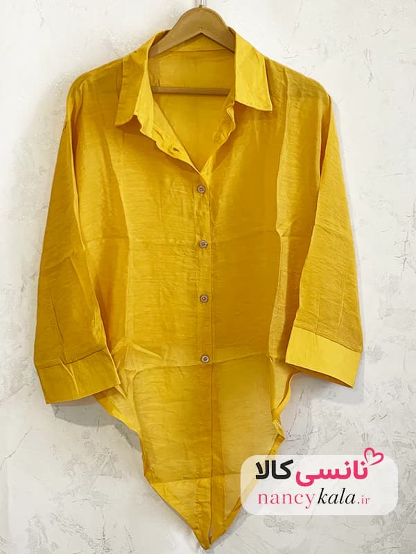 شومیز گره ای زنانه شیشه ای خردلی فری سایز 36 تا 46 — تصویر ۶