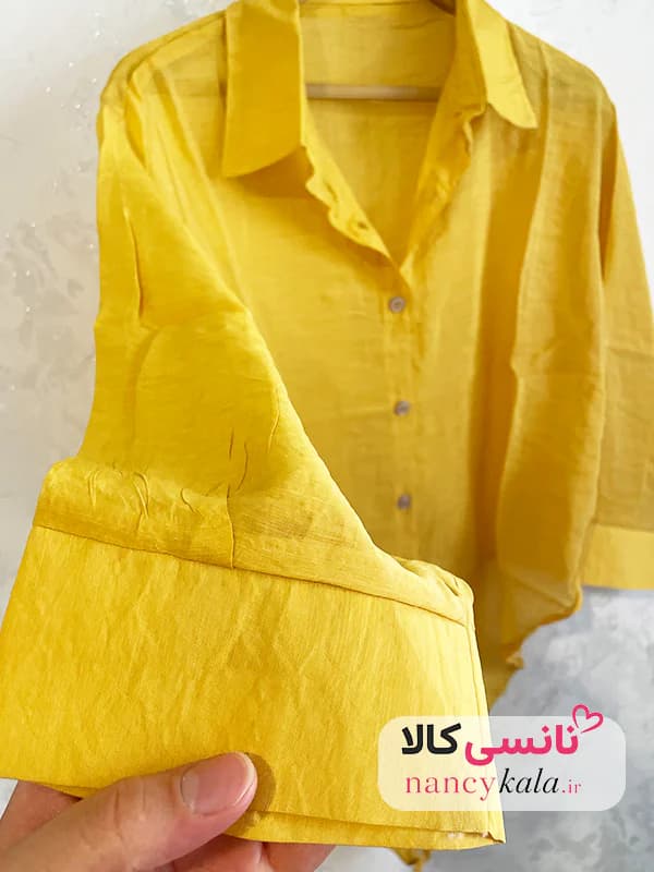 شومیز گره ای زنانه شیشه ای خردلی فری سایز 36 تا 46 — تصویر ۷