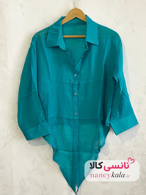 شومیز گره ای زنانه شیشه ای سبز فیروزه ای فری سایز 36 تا 46 — تصویر ۲