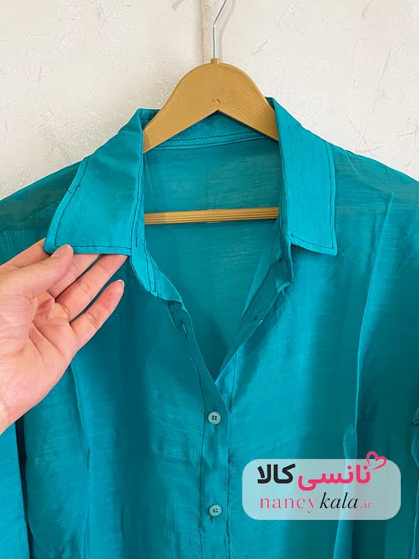 شومیز گره ای زنانه شیشه ای سبز فیروزه ای فری سایز 36 تا 46 — تصویر ۷