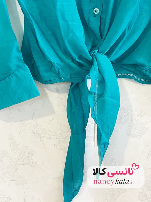 شومیز گره ای زنانه شیشه ای سبز فیروزه ای فری سایز 36 تا 46 — تصویر ۵