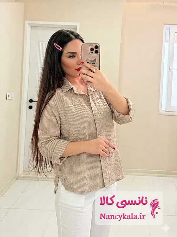 شومیز زنانه بغل دکمه رنگ کرم با کیفیت عالی فری سایز 36 تا 48