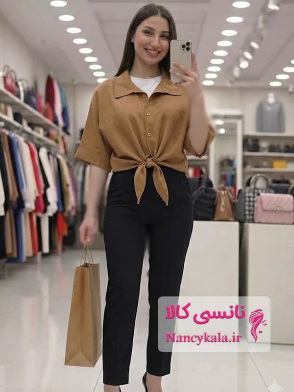 شومیز زنانه جلوگره ای قهوه ای کاراملی تن خور شیک سایز 36 تا 48