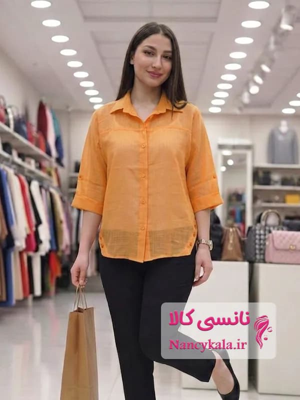شومیز زنانه شیشه ای بغل دکمه نارنجی تن خور شیک فری سایز 36 تا 48