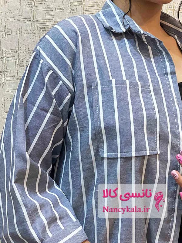 شومیز زنانه باکسی راه راه درشت جیب دار رنگ 2 فری سایز 36 تا 48 — تصویر ۵