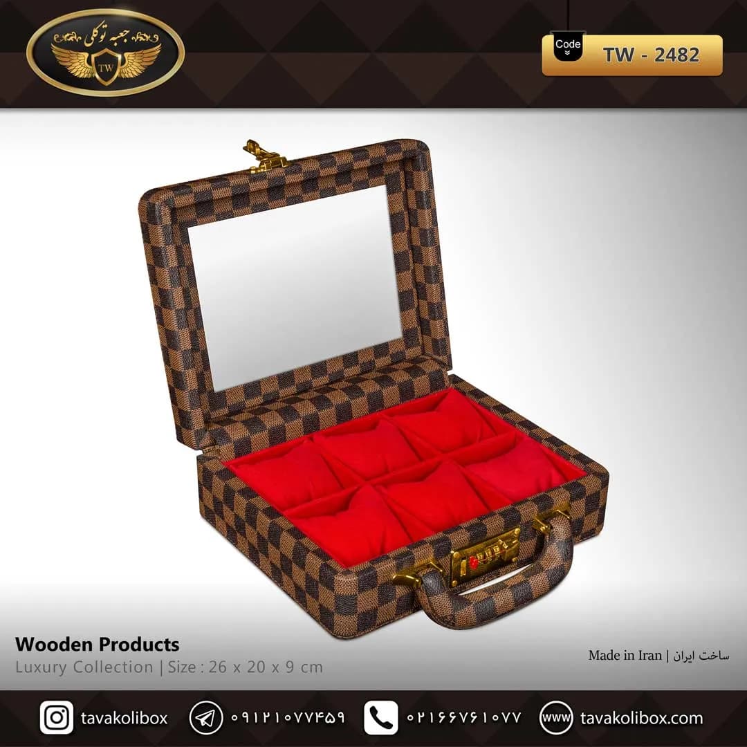 جعبه ساعت 6 خونه سوپرلاکچری درب دار بالشتک معمولی چرم رنگ قهوه ای چارخونه مدل : TW-2482 — تصویر ۲