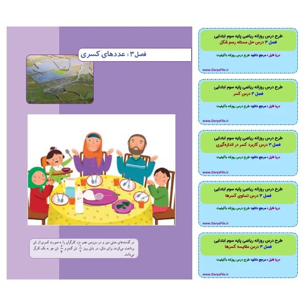 طرح درس روزانه ریاضی سوم ابتدایی فصل 3 عددهای کسری Word و PDF