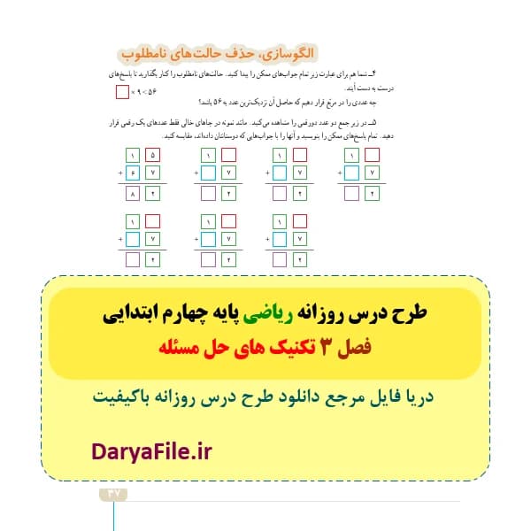 طرح درس روزانه ریاضی چهارم ابتدایی فصل 3 تکنیک های حل مسئله Word و PDF