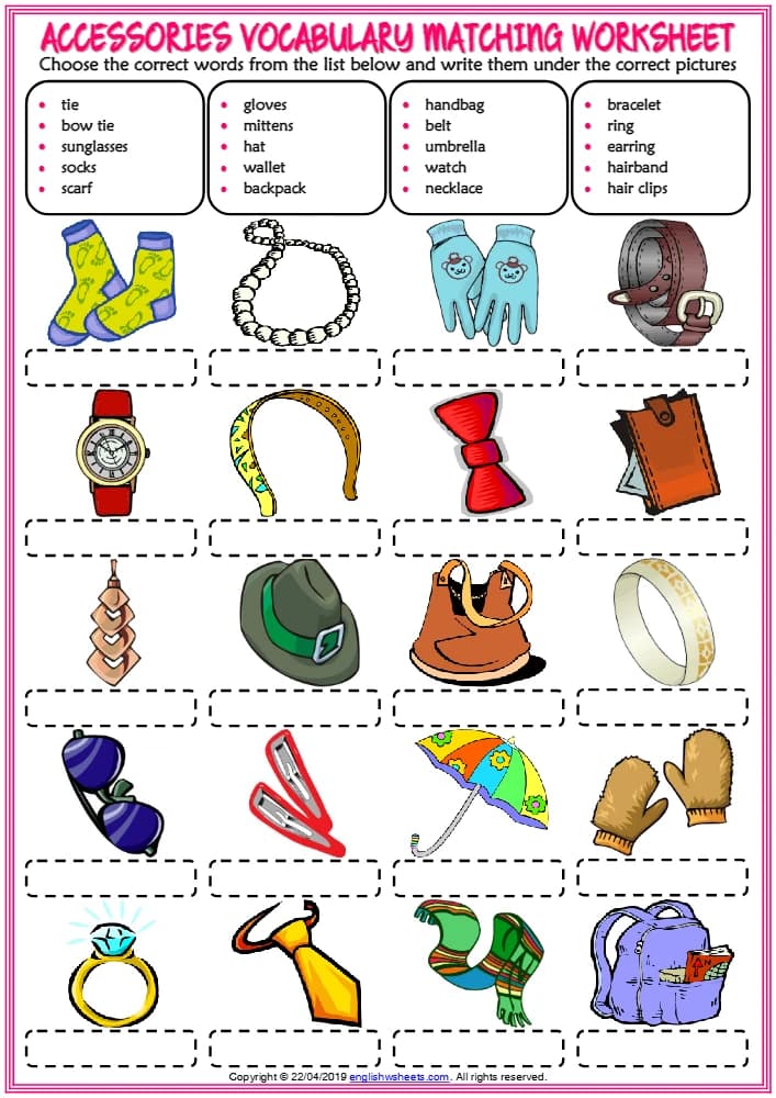 کتاب Accessories Vocabulary ESL Matching Exercise Worksheet for Kids (کاربرگ تمرین تطبیق واژگان لوازم جانبی برای کودکان) نسخه انگلیسی PDF