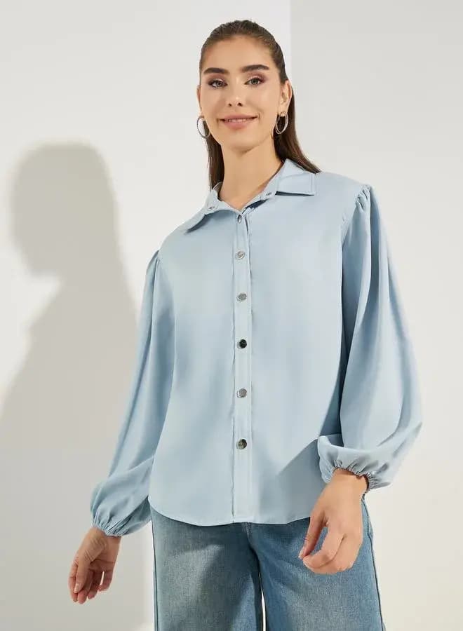 پیراهن آستین بلند زنانه Chambray با دکمههای فلزی