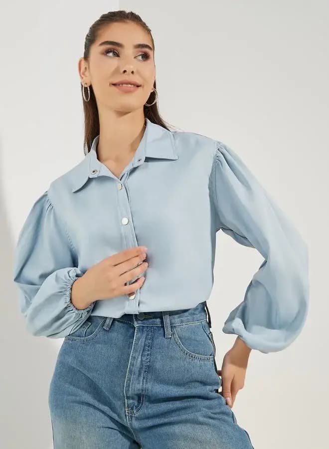 پیراهن آستین بلند زنانه Chambray با دکمههای فلزی — تصویر ۴