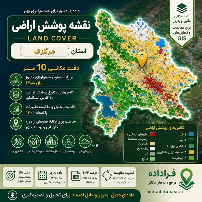 دانلود بروزترین نقشه پوشش اراضی استان مرکزی ۱۴۰۵ با دقت ۱۰ متر