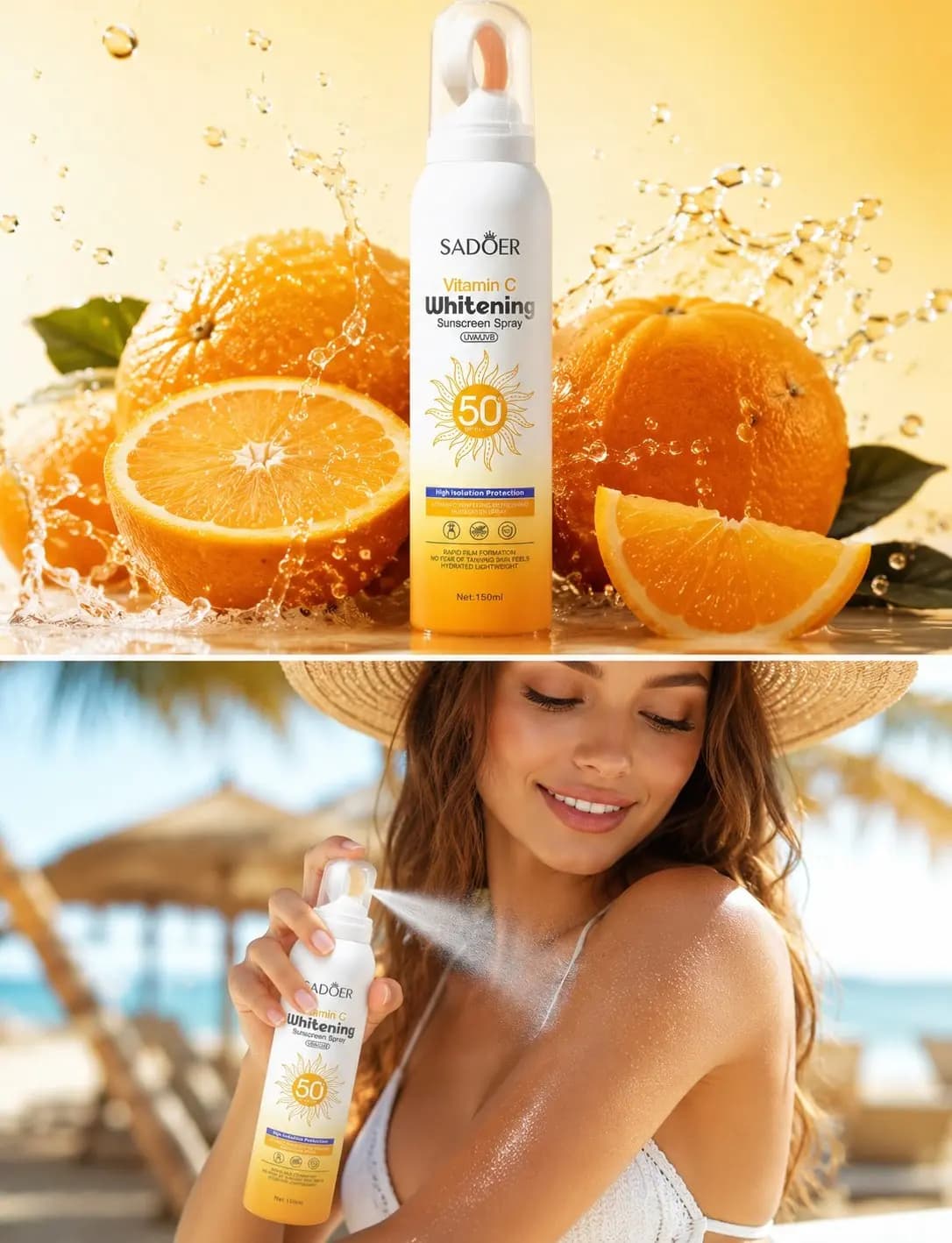 اسپری ضد آفتاب SPF50 روشن کننده پوست ویتامین C سادور SAODER مدل Whitening حجم 150ml — تصویر ۴