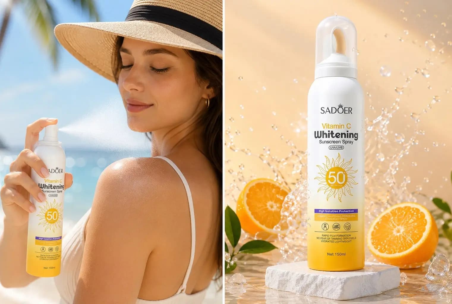 اسپری ضد آفتاب SPF50 روشن کننده پوست ویتامین C سادور SAODER مدل Whitening حجم 150ml — تصویر ۲