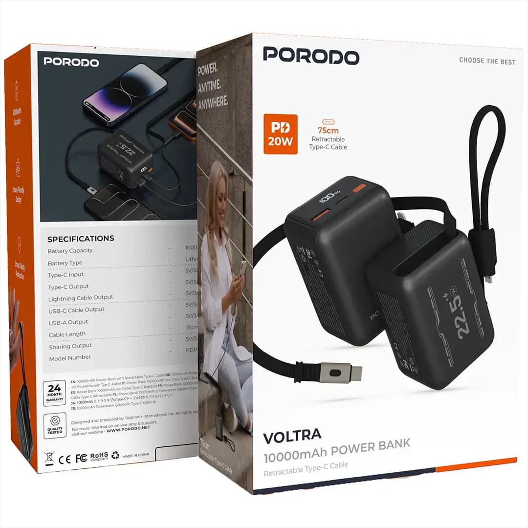 پاوربانک پرودو مدل Voltra 10000mAh Power Bank with Retractable Type-C PDPBFCH2210bk — تصویر ۴