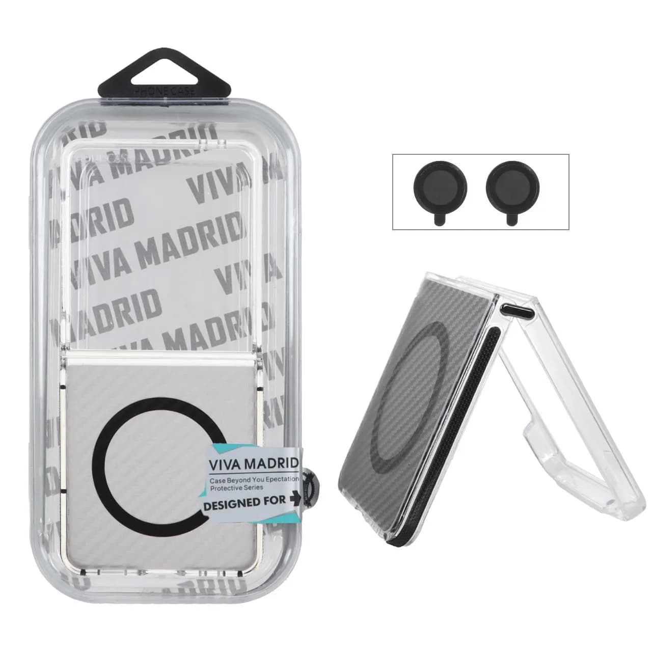 قاب اورجینال Viva Madrid پشت کربن MagSafe با ست محافظ لنز رینگی Samsung Galaxy Z Flip 7 – مشکی (پک دار) — تصویر ۲