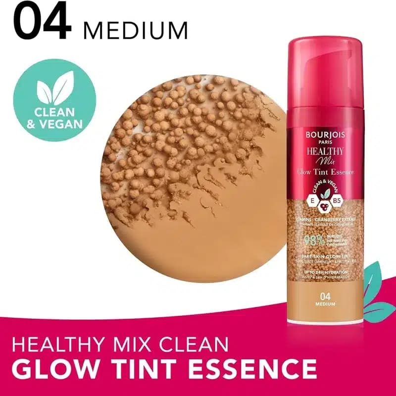 تینت آبرسان و درخشان کننده پوست بورژوآ Bourjois مدل Healthy Mix Glow Tint Essence کد 04 (رنگ Medium) — تصویر ۲