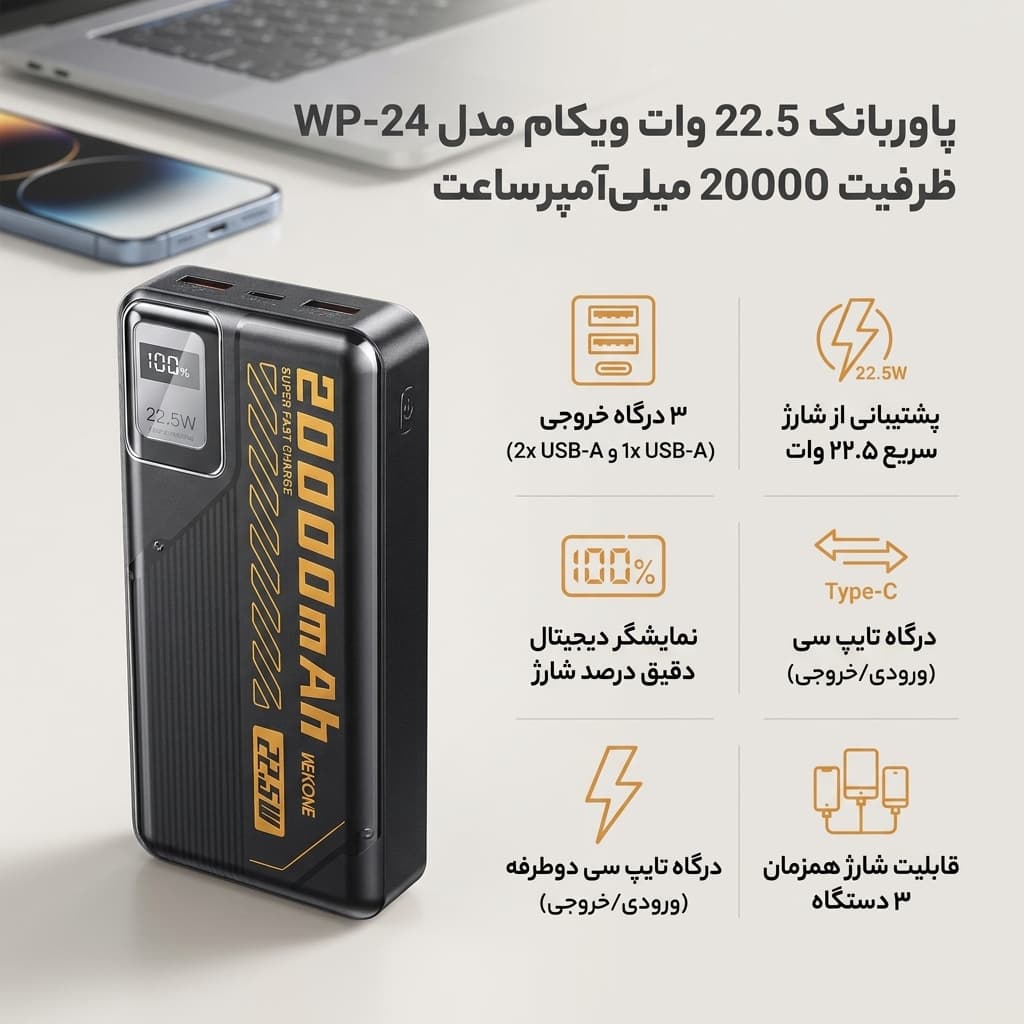 پاوربانک 22.5 وات ویکام مدل WP-24 ظرفیت 20000 میلیآمپرساعت — تصویر ۹