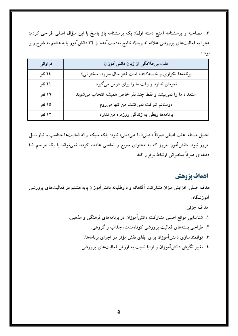 اقدام پژوهی با عنوان « چگونه توانستم با استفاده از روشهای تلفیقیِ مشارکتی و فناوریهای نوین، دانشآموزانم را به شرکت مؤثر در فعالیتهای پرورشی ترغیب کنم؟ » — تصویر ۷