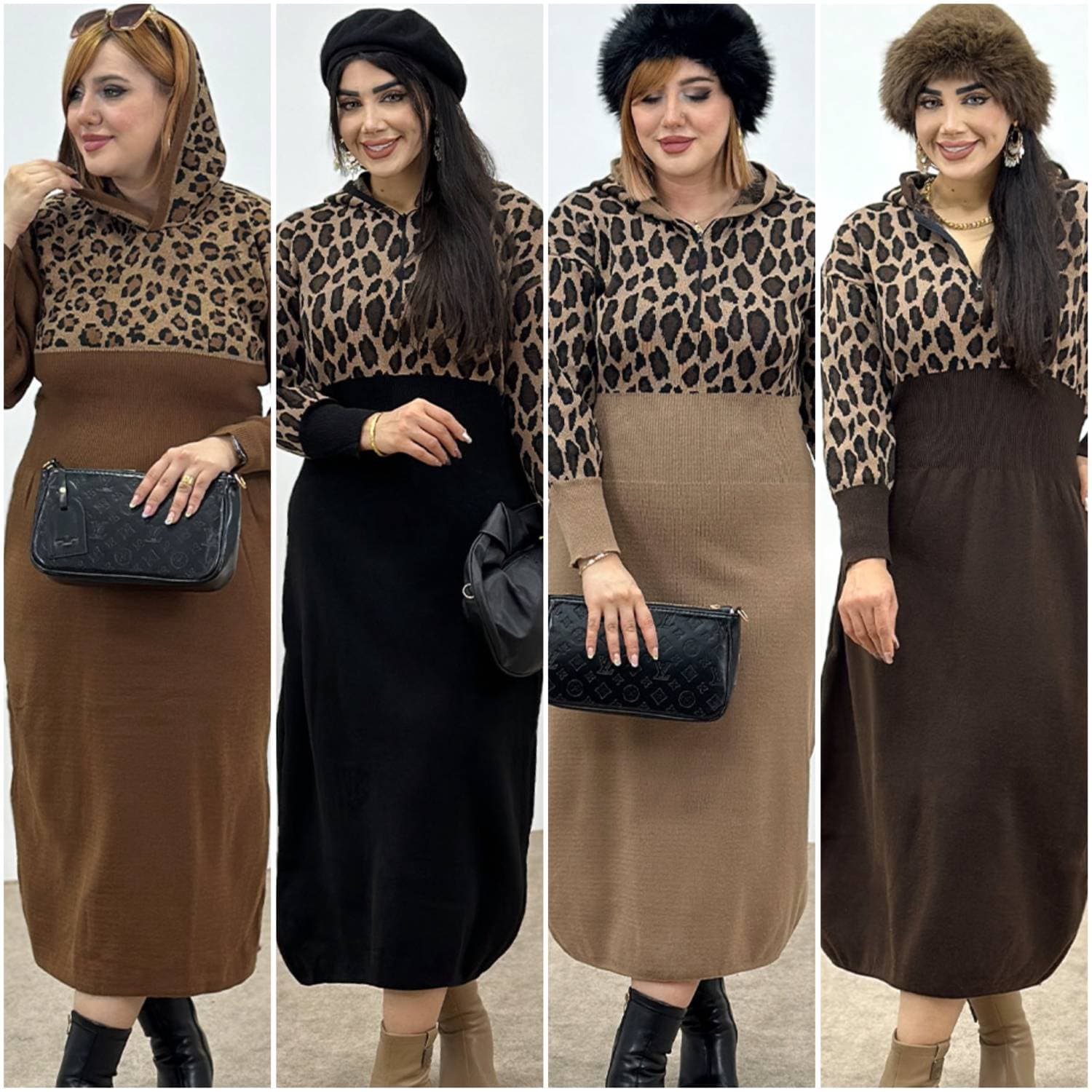 کفتان بافت کلاه دار زنانه ژیوان طرح پلنگی (کد ۲۳۵۲۲)