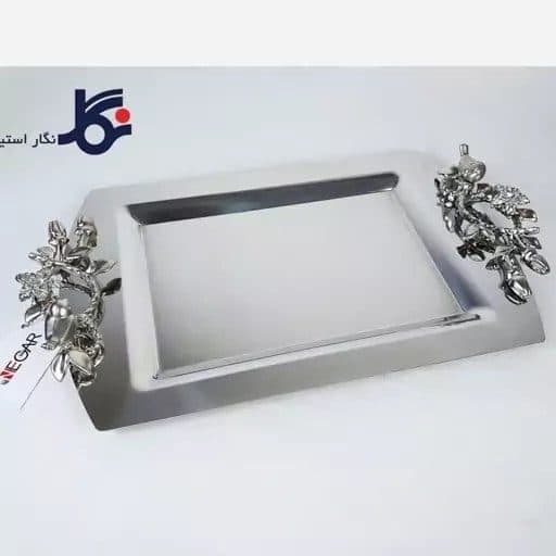 سینی نگار مستطیل دسته نقره مدل مرغ آمین — تصویر ۲