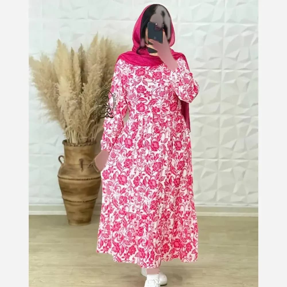 پیراهن ساحلی زنانه جنس کرپ فلور بوگاتی فری سایز تا 48 قد 136 — تصویر ۸